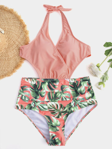 Wholesale Orange V-Neck Floral Print Crossed Front Backless Cut Out Tie-Up High Waist One-Pieces Swimsuits