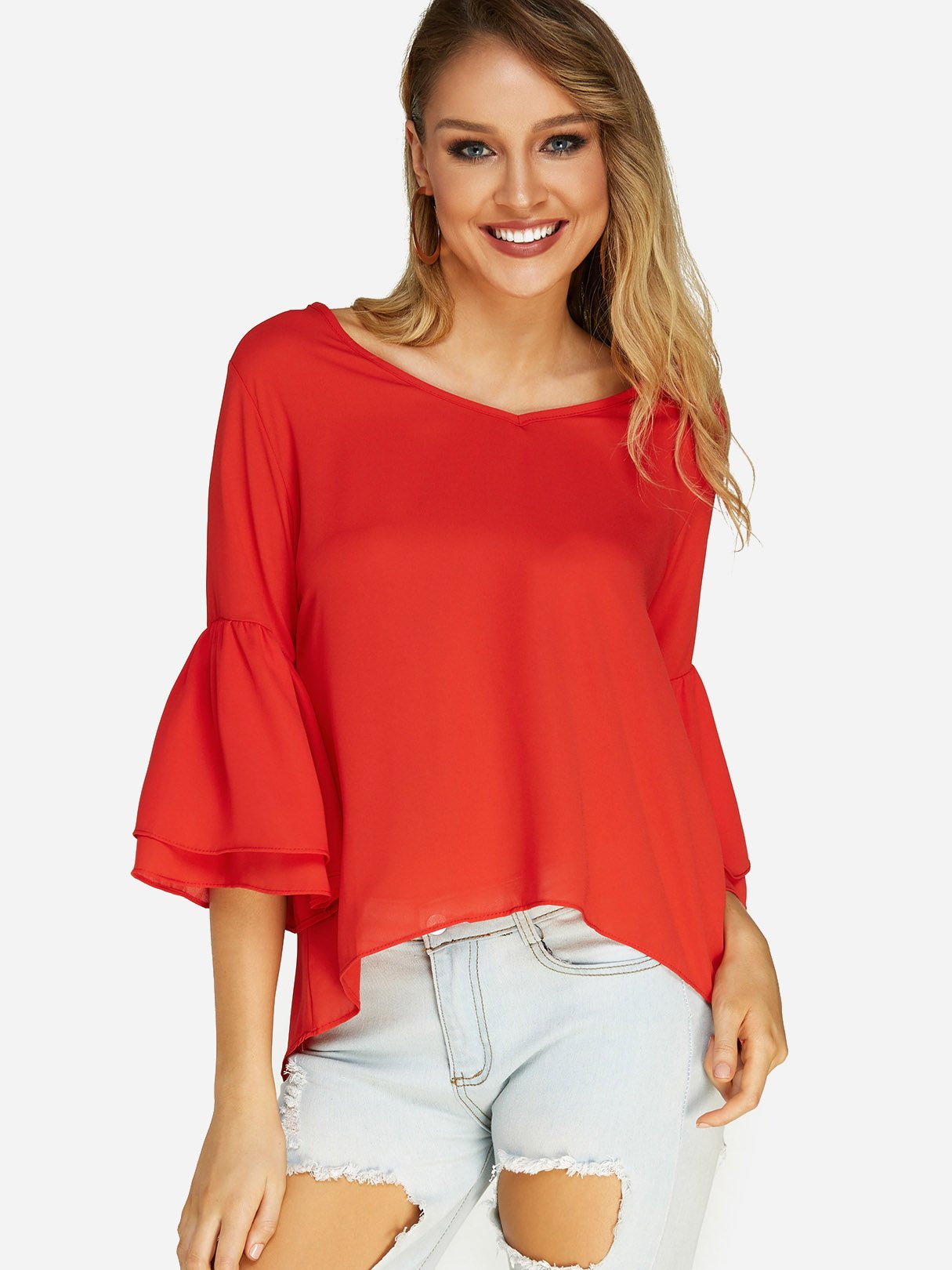 Wholesale V-Neck 3/4 Sleeve Irregular Hem Red T-Shirts