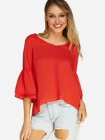 Wholesale V-Neck 3/4 Sleeve Irregular Hem Red T-Shirts