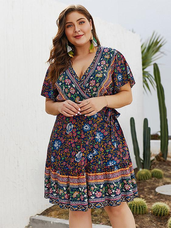 Wholesale V-Neck Tribal Print Short Sleeve Blue Plus Size Dress