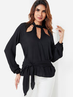 Wholesale Round Neck Plain Hollow Cut Out Tie-Up Long Sleeve Black Top