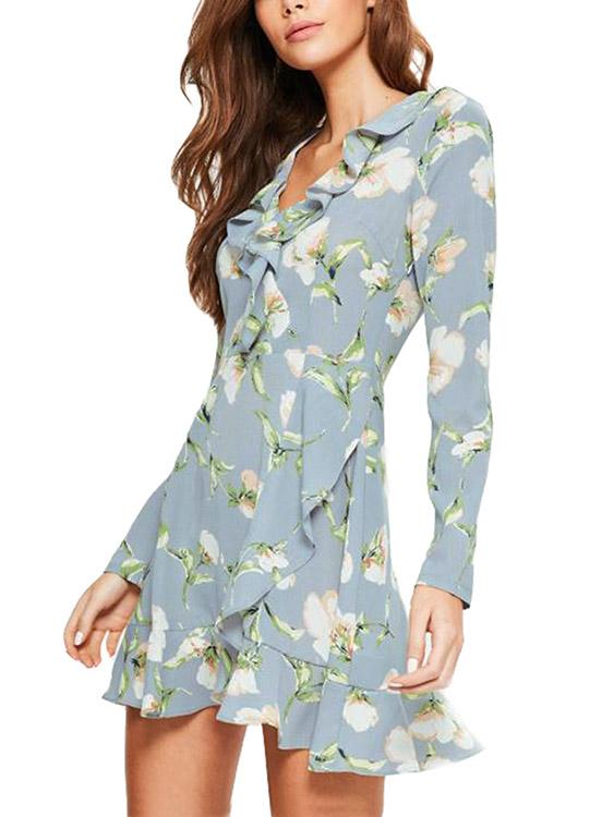Wholesale V-Neck Long Sleeve Floral Print Slit Ruffle Hem Mini Dress