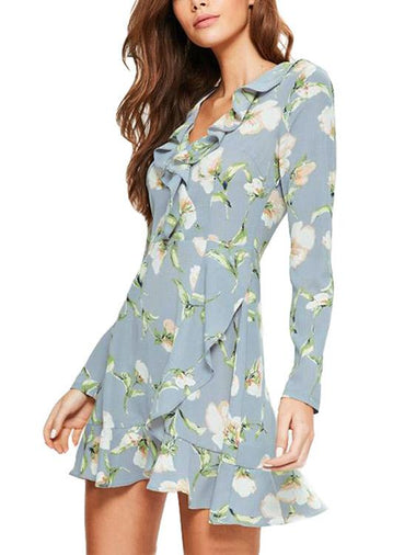 Wholesale V-Neck Long Sleeve Floral Print Slit Ruffle Hem Mini Dress