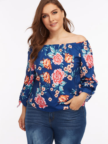 Wholesale Off The Shoulder Floral Print 3/4 Sleeve Curved Hem Plus Size Tops
