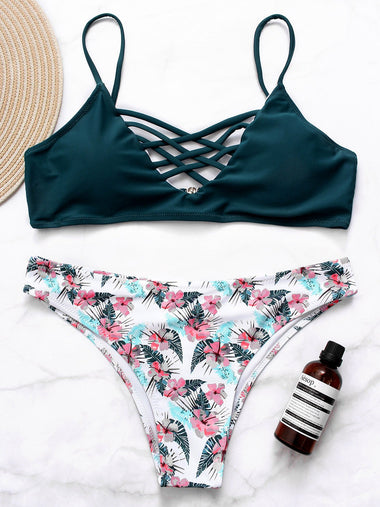 Wholesale V-Neck Floral Print Criss-Cross Green 2 Piece Bikinis