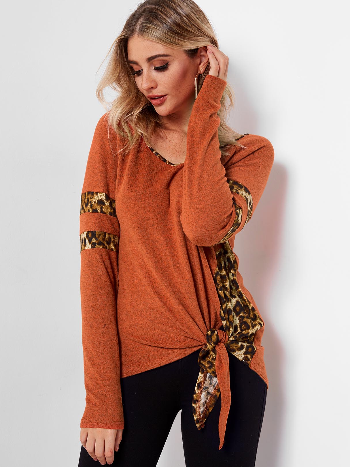 Wholesale Round Neck Stripe Leopard Lace-Up Long Sleeve Orange T-Shirts
