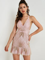 Wholesale V-Neck Sleeveless Backless Lace-Up Sequins Embellished Criss-Cross Ruffle Hem Mini Dress