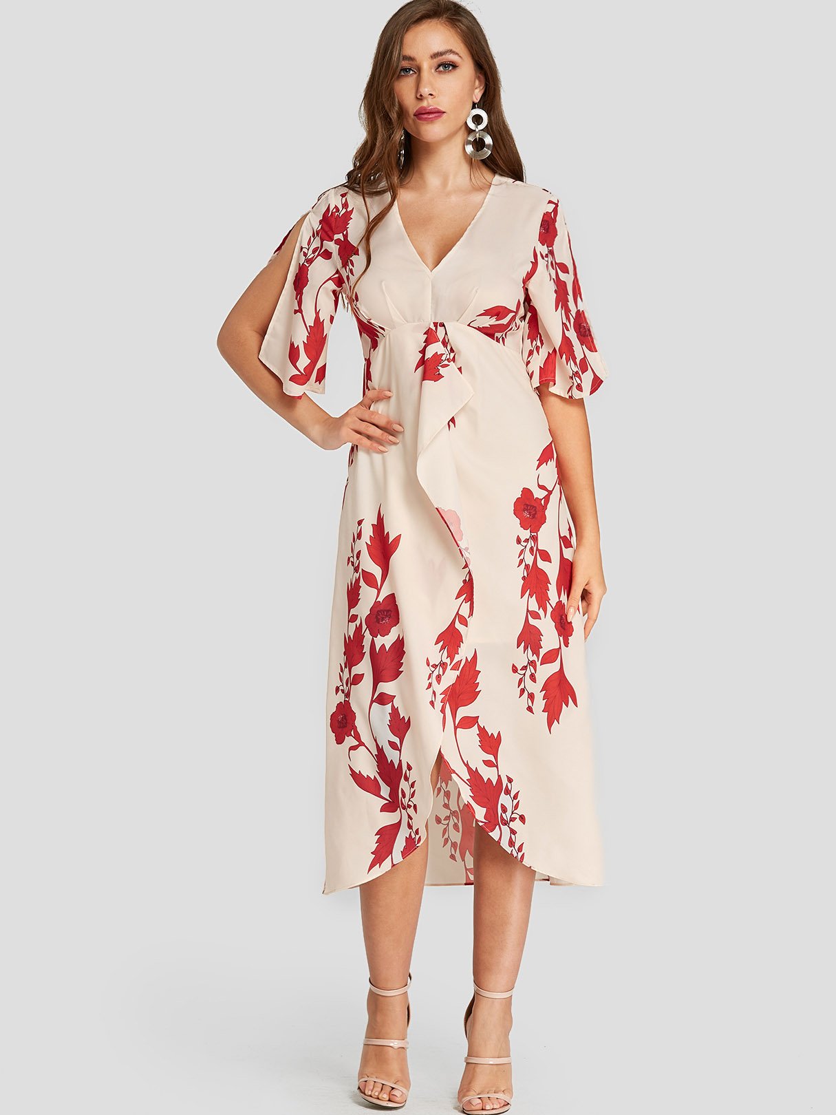 Wholesale Apricot V-Neck Floral Print Slit Hem Dresses