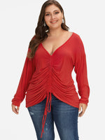 Wholesale V-Neck Plain Pleated Long Sleeve Red Plus Size Tops
