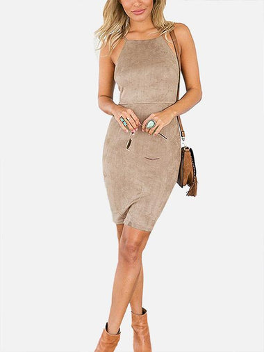 Wholesale Halter Cold Shoulder Plain Backless Lace-Up Sleeveless Khaki Mini Dress