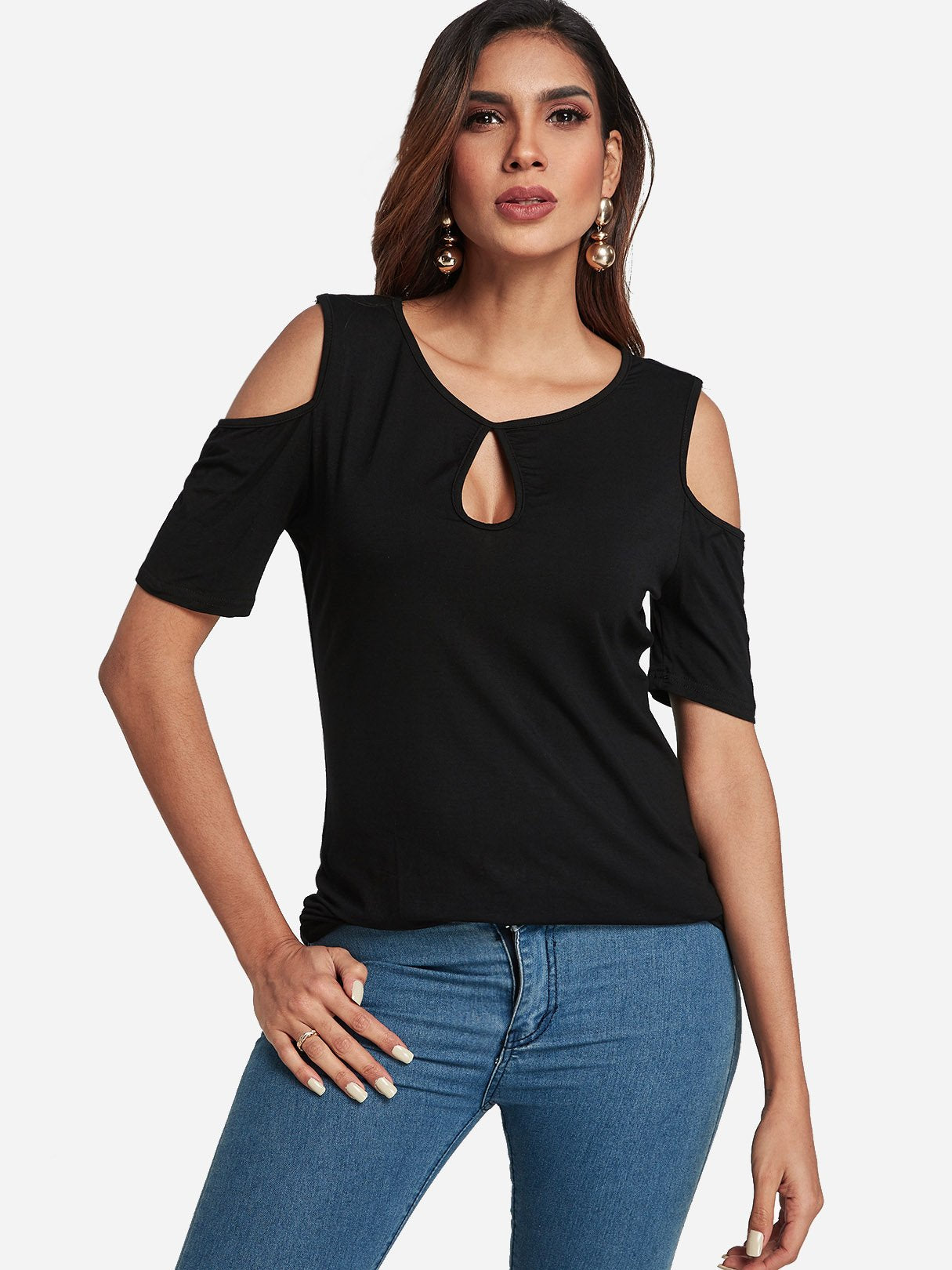 Wholesale Round Neck Cold Shoulder Plain Cut Out Short Sleeve Black T-Shirts