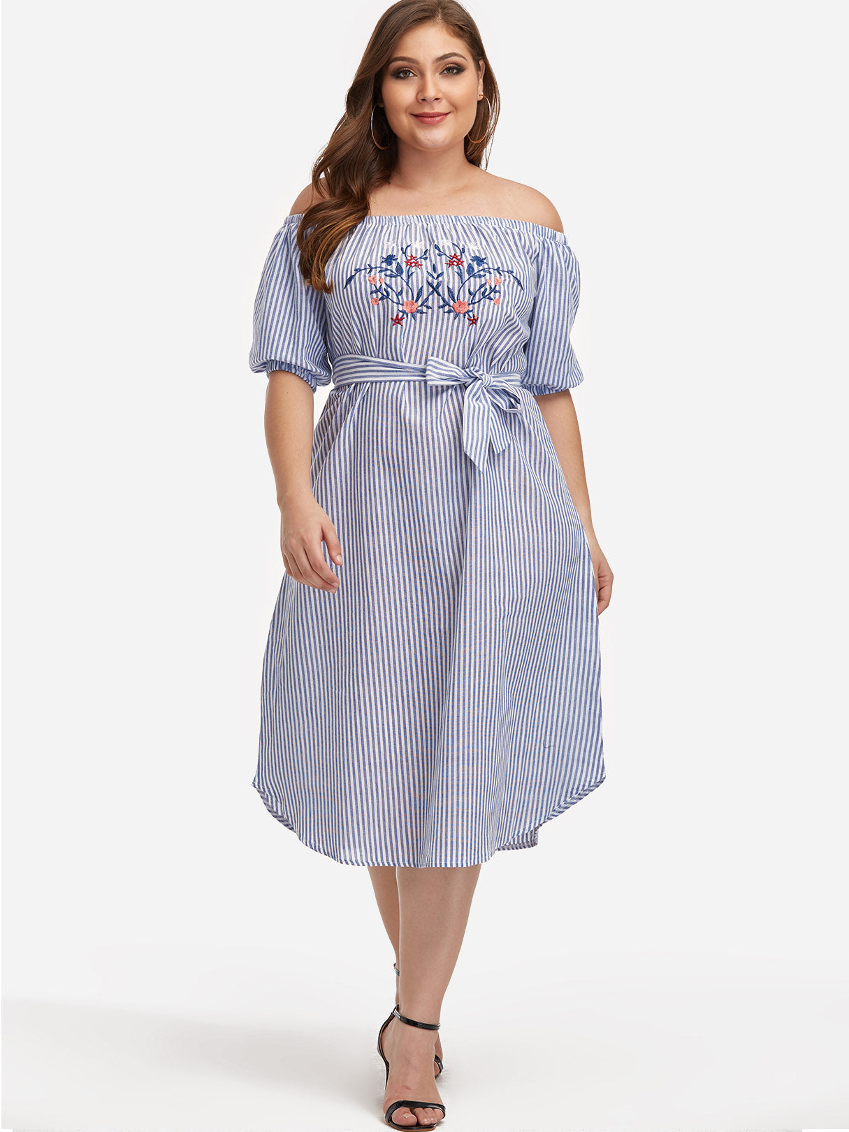 Wholesale Off The Shoulder Stripe Embroidered Self-Tie Half Sleeve Curved Hem Blue Plus Size Dresses