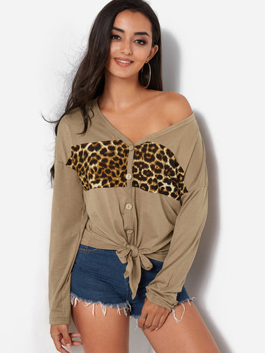 Wholesale V-Neck Leopard Khaki T-Shirts
