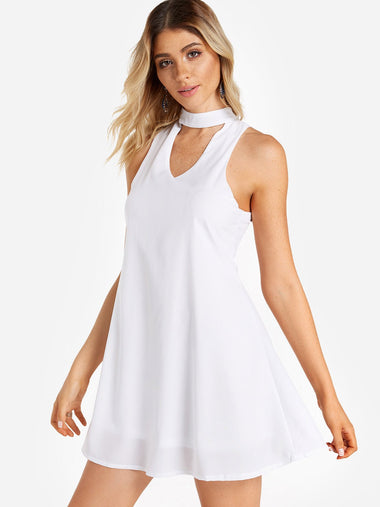 Wholesale Perkins Collar Sleeveless Plain Tiered Cut Out White Casual Dresses
