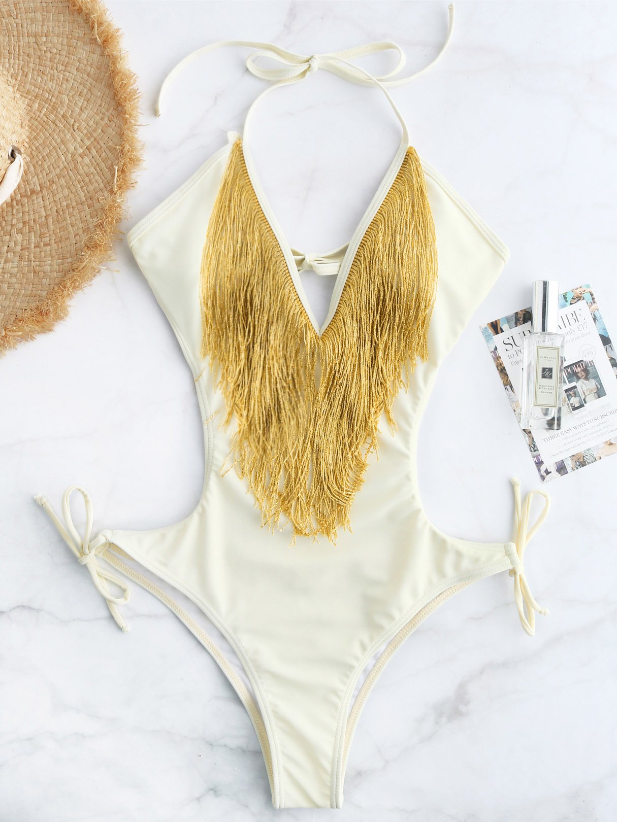 Wholesale V-Neck Sleeveless Tassel Backless Tie-Up One-Pieces Swimwears