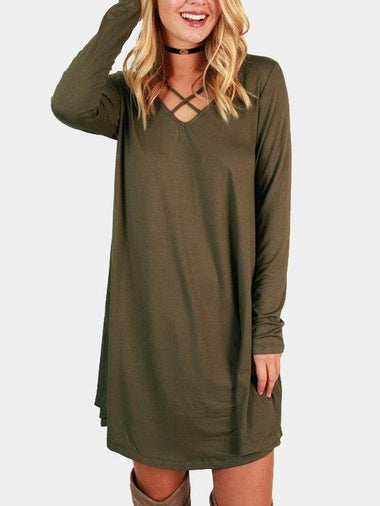 Wholesale Army Green V-Neck Long Sleeve Plain Crossed Front Dresses