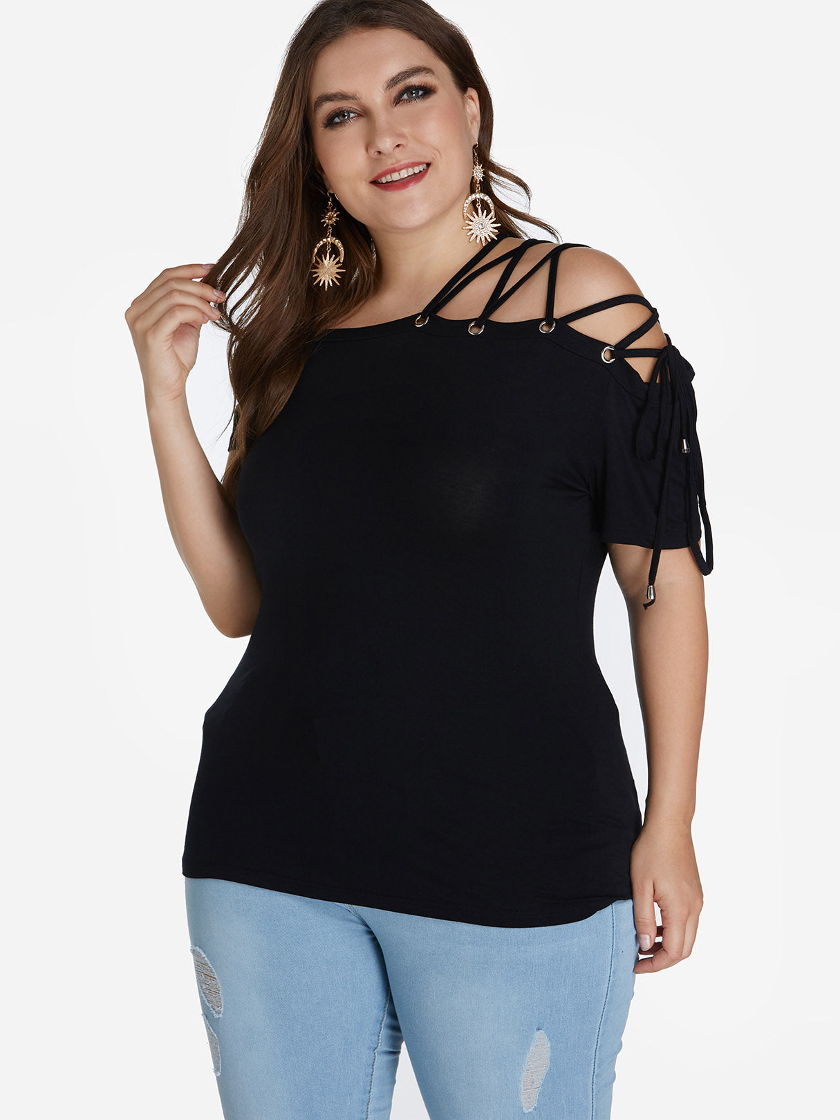 Wholesale Off The Shoulder Plain Lace-Up Short Sleeve Black Plus Size Tops
