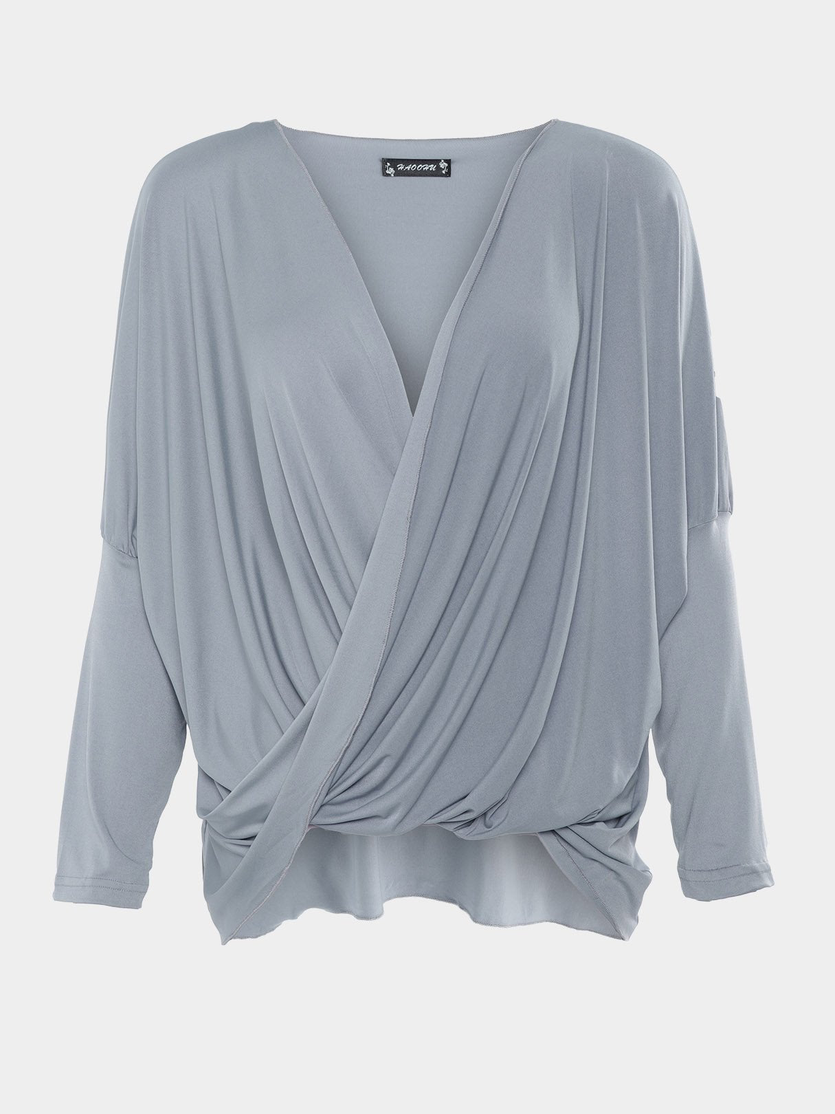 Wholesale V-Neck Crossed Front Pleated Long Sleeve Irregular Hem Grey T-Shirts