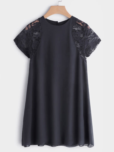 Wholesale Round Neck Lace Short Sleeve Black Chiffon Dresses