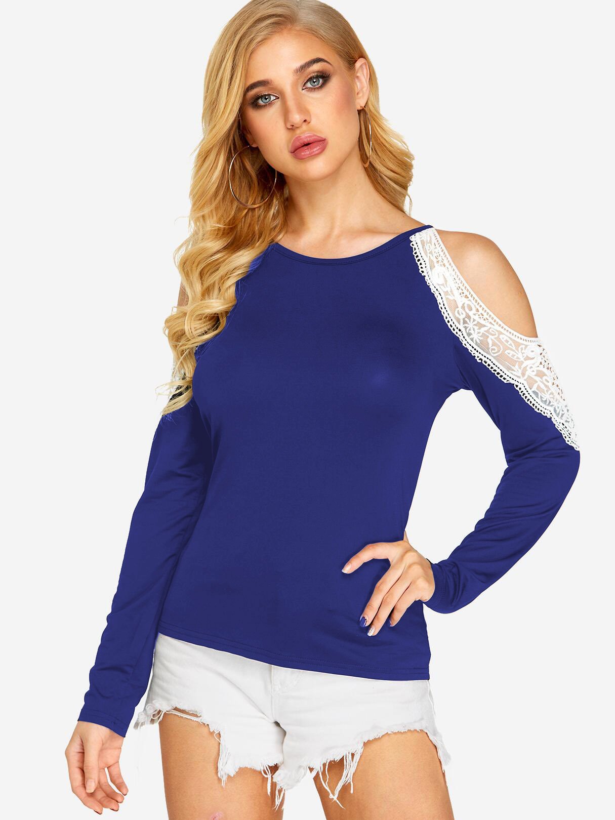 Wholesale Round Neck Cold Shoulder Lace Long Sleeve Dark Blue T-Shirts