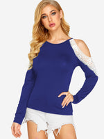 Wholesale Round Neck Cold Shoulder Lace Long Sleeve Dark Blue T-Shirts