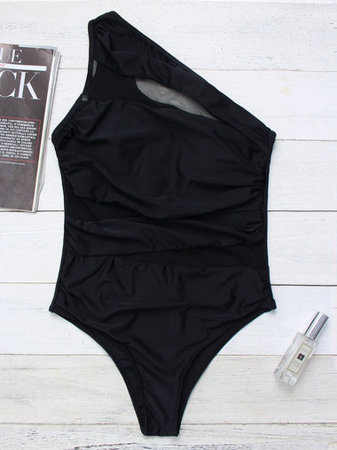 Wholesale One Shoulder Plain Fishnet See Through Sleeveless Black One-Pieces