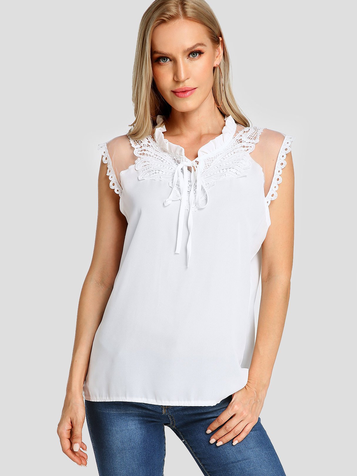 Wholesale V-Neck Plain Crochet Lace Embellished Self-Tie Sleeveless T-Shirts