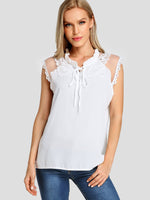 Wholesale V-Neck Plain Crochet Lace Embellished Self-Tie Sleeveless T-Shirts