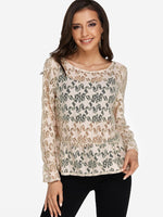 Wholesale Round Neck Star Lace Long Sleeve Beige T-Shirts