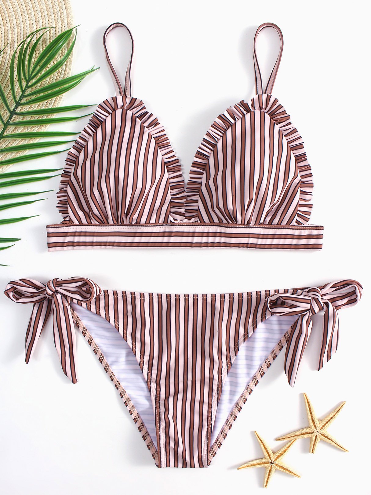 Wholesale Yellow Sleeveless Stripe Self-Tie Two Piece Bikini