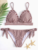 Wholesale Yellow Sleeveless Stripe Self-Tie Two Piece Bikini