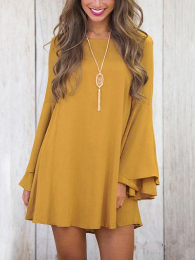 Wholesale Yellow Round Neck Long Sleeve Plain Lace-Up Mini Dresses