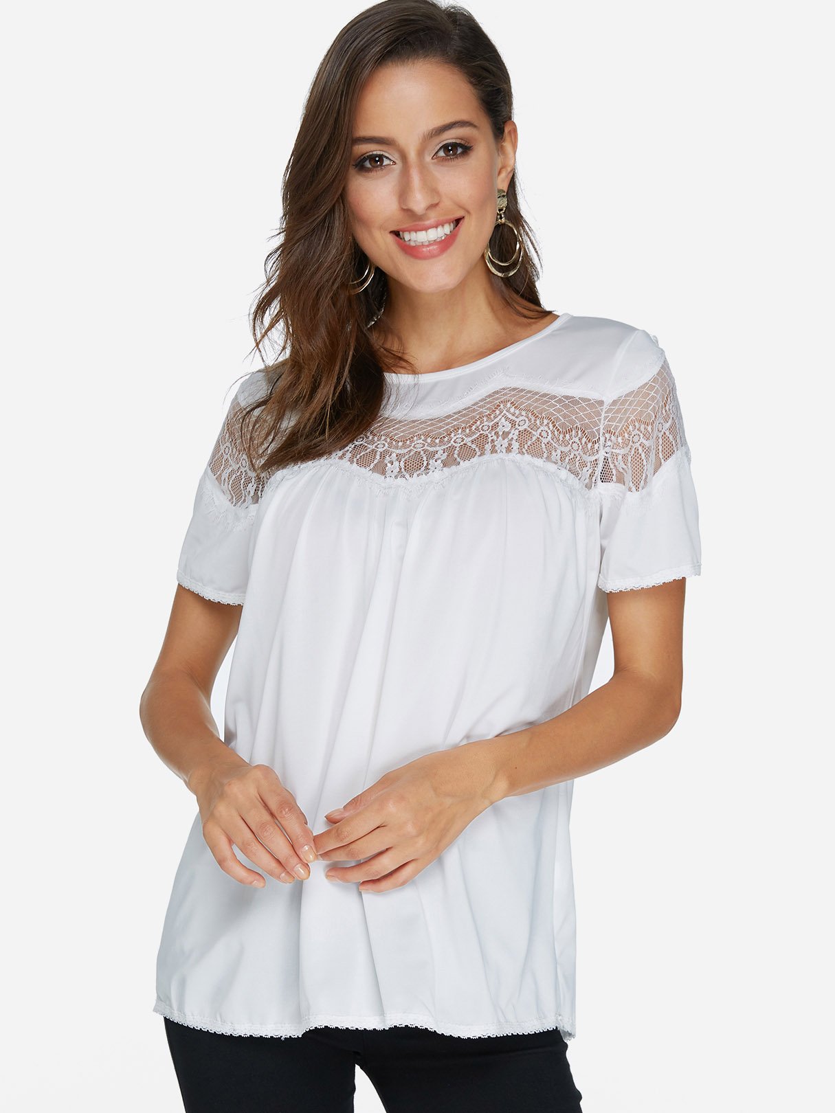 Wholesale Round Neck Lace Short Sleeve White Top