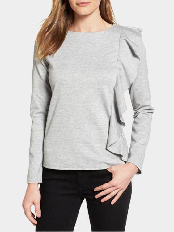 Wholesale Round Neck Ruffle Trim Long Sleeve Grey Top