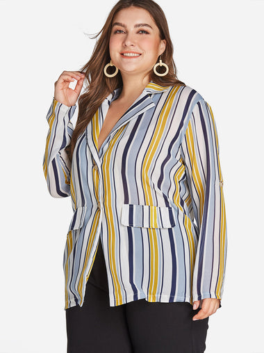Wholesale Lapel Collar Stripe Long Sleeve Plus Size Coats & Jackets