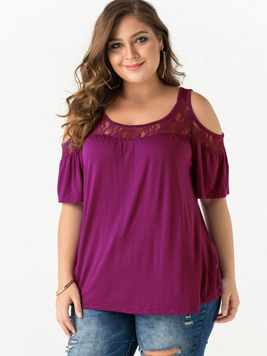 Wholesale Cold Shoulder Plain Lace Cut Out Pleated Half Sleeve Plus Size Tops
