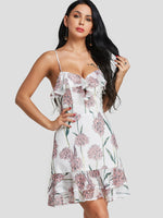 Wholesale White Off The Shoulder Sleeveless Floral Print Backless Lace-Up Spaghetti Strap Ruffle Hem Dresses