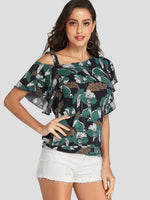 Wholesale One Shoulder Printed Ruffle Trim Short Sleeve Dark Blue T-Shirts