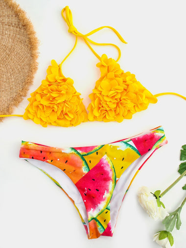 Wholesale Halter Sleeveless Floral Print Backless Self-Tie Bikinis Set