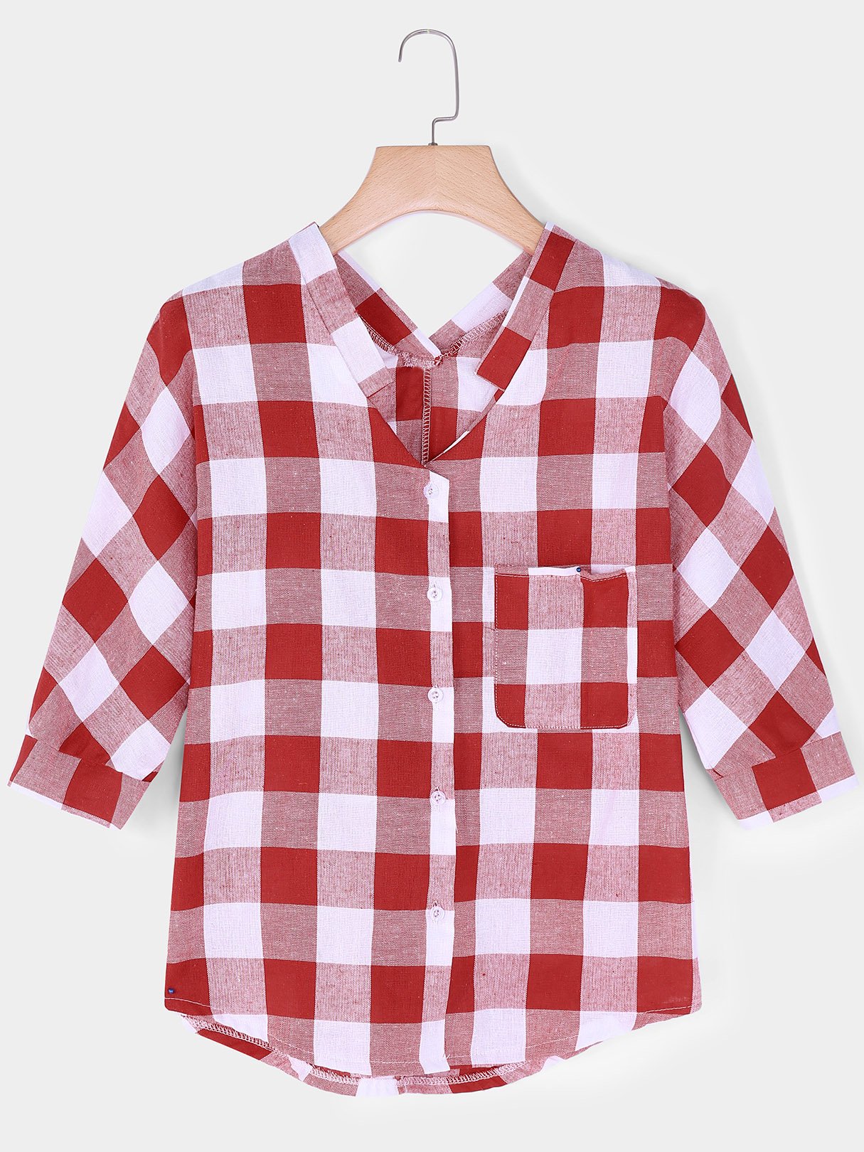 Wholesale V-Neck Grid 3/4 Sleeve Irregular Hem Red T-Shirts