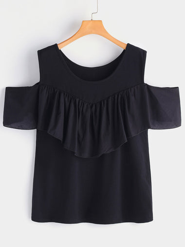 Wholesale Round Neck Cold Shoulder Plain Tiered Ruffle Trim Short Sleeve Black Plus Size Tops