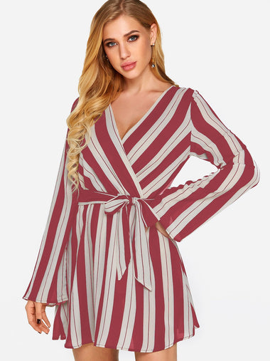 Wholesale Red V-Neck Long Sleeve Stripe Self-Tie Wrap Dresses