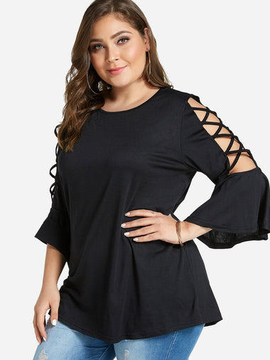 Wholesale Round Neck Cut Out 3/4 Sleeve Black Plus Size Tops