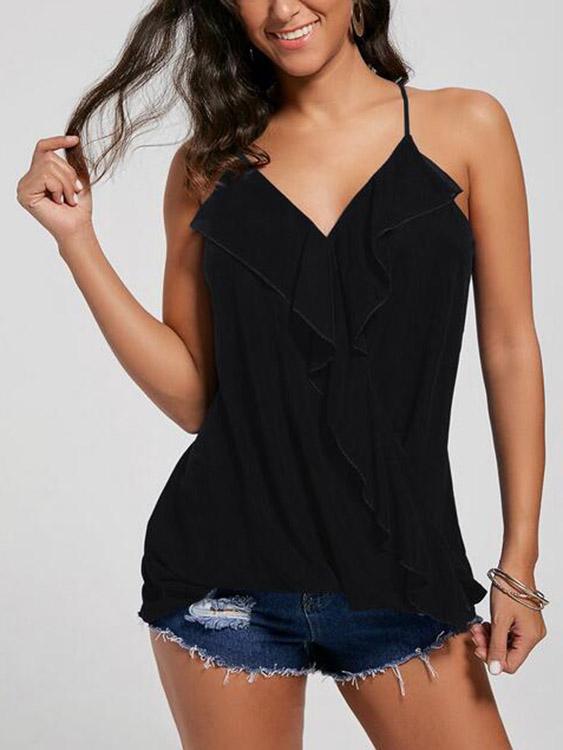 Wholesale V-Neck Cold Shoulder Crossed Front Lace-Up Slit Sleeveless Irregular Hem Black Camis