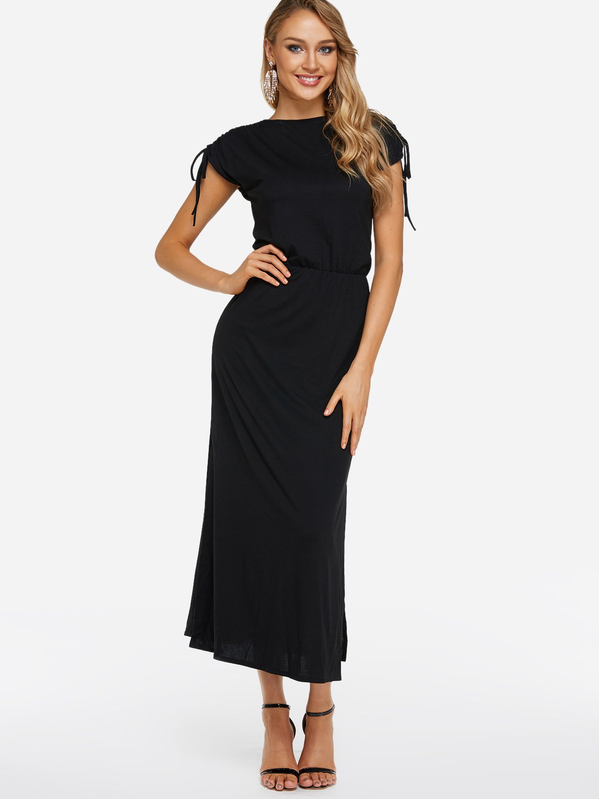 Wholesale Black Crew Neck Sleeveless Plain Lace-Up Slit Maxi Dress