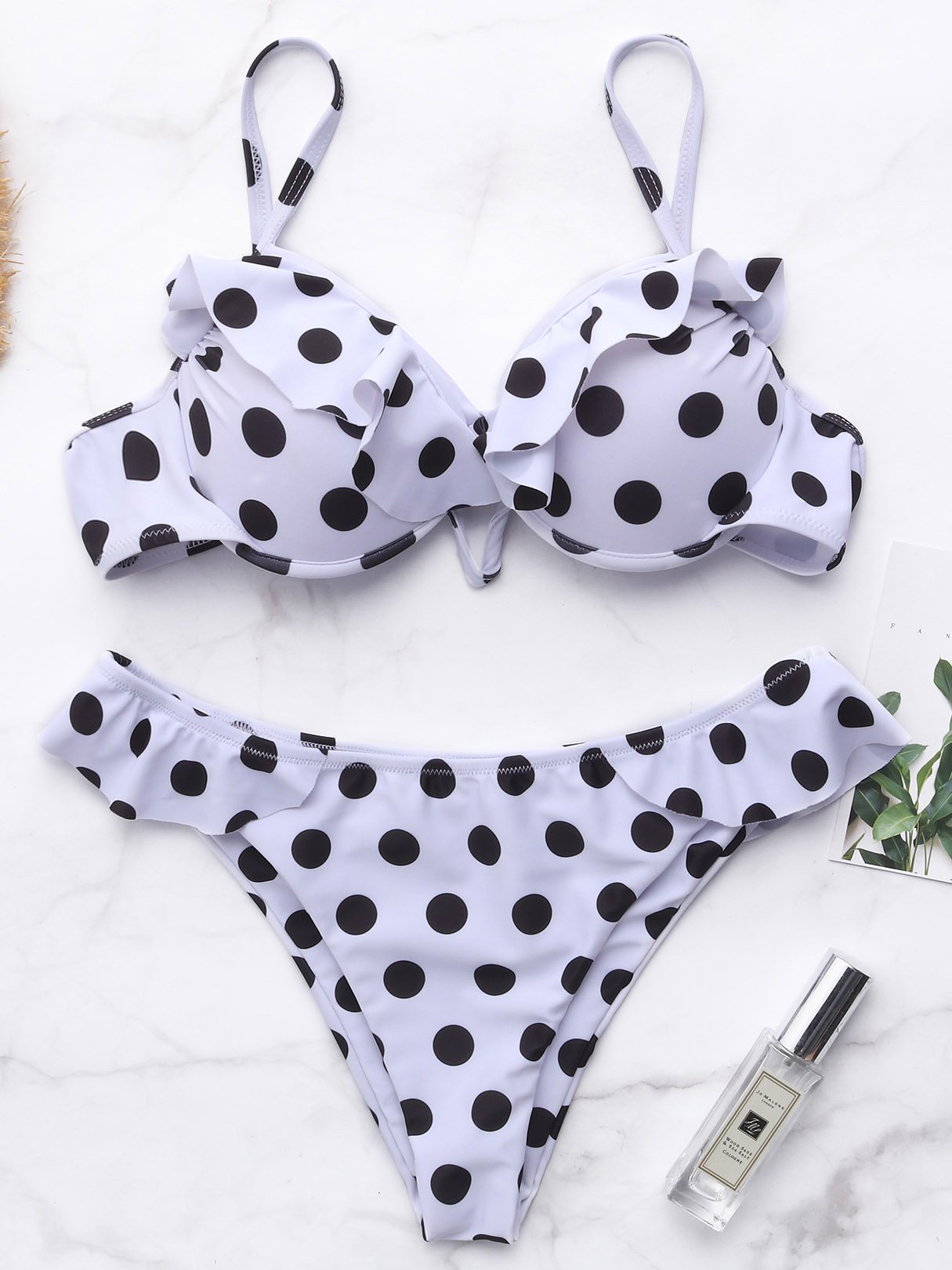 Wholesale White V-Neck Sleeveless Polka Dot Tie-Up Ruffle Hem Bikini Suit