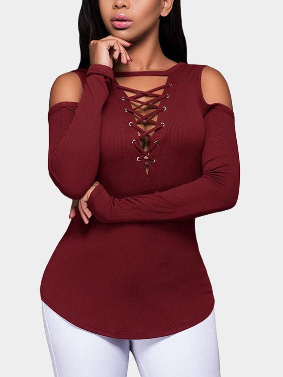 Wholesale V-Neck Cold Shoulder Plain Lace-Up Cut Out Long Sleeve Curved Hem Burgundy T-Shirts
