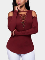 Wholesale V-Neck Cold Shoulder Plain Lace-Up Cut Out Long Sleeve Curved Hem Burgundy T-Shirts