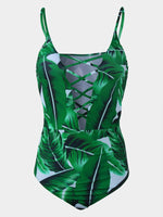 Wholesale Deep V Neck Floral Print Lace-Up Criss-Cross Sleeveless Green Bikinis