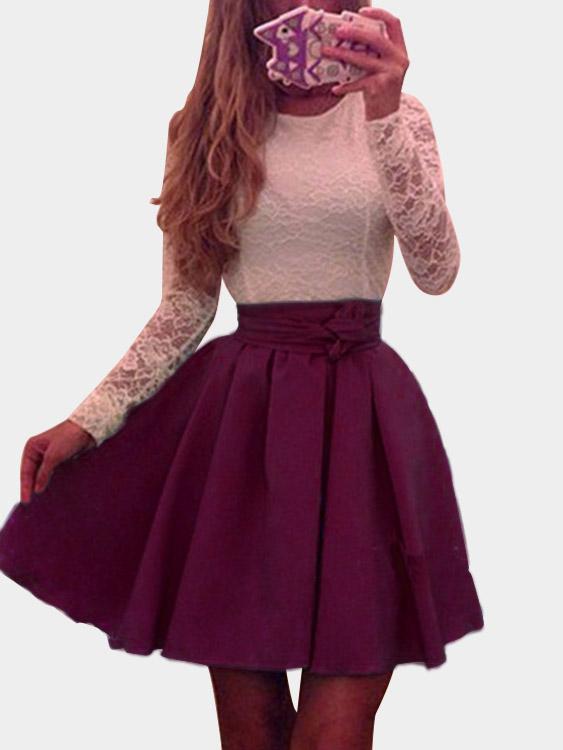 Wholesale Burgundy Round Neck Long Sleeve Lace Zip Back Ruffle Hem Sexy Dress